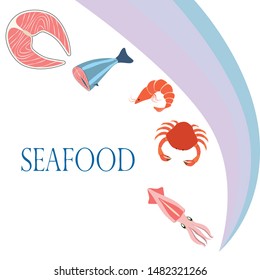 Fish, shrimp, crab, squid.Vector seafood. Food and restaurant design.