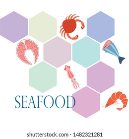 Fish, shrimp, crab, squid.Vector seafood. Food and restaurant design.