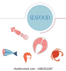 Fish, shrimp, crab, squid.Vector seafood. Food and restaurant design.