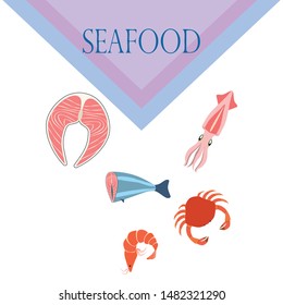 Fish, shrimp, crab, squid.Vector seafood. Food and restaurant design.