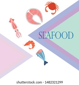 Fish, shrimp, crab, squid.Vector seafood. Food and restaurant design.