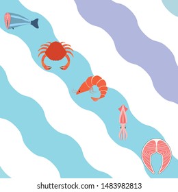 Fish, shrimp, crab, squid.Vector seafood. Food and restaurant design.