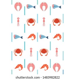 Fish, shrimp, crab, squid.Vector seafood. Food and restaurant design.