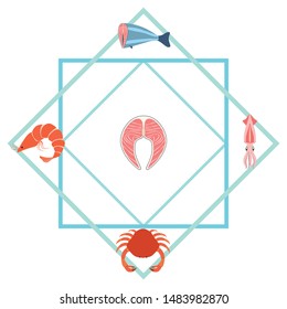 Fish, shrimp, crab, squid.Vector seafood. Food and restaurant design.
