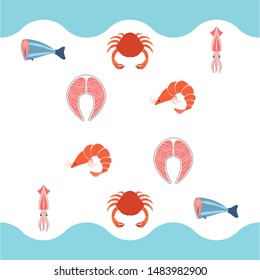 Fish, shrimp, crab, squid.Vector seafood. Food and restaurant design.