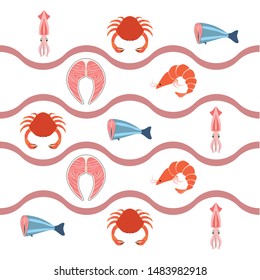 Fish, shrimp, crab, squid.Vector seafood. Food and restaurant design.