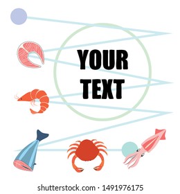 Fish, shrimp, crab, squid.Vector seafood. Food and restaurant design.