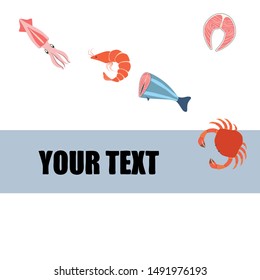 Fish, shrimp, crab, squid.Vector seafood. Food and restaurant design.