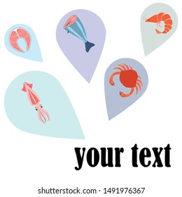Fish, shrimp, crab, squid.Vector seafood. Food and restaurant design.