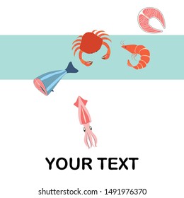 Fish, shrimp, crab, squid.Vector seafood. Food and restaurant design.