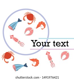 Fish, shrimp, crab, squid.Vector seafood. Food and restaurant design.