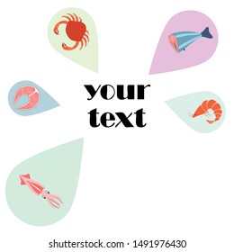 Fish, shrimp, crab, squid.Vector seafood. Food and restaurant design.