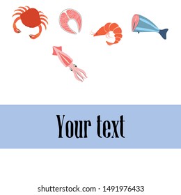 Fish, shrimp, crab, squid.Vector seafood. Food and restaurant design.