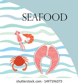 Fish, shrimp, crab, squid.Vector seafood. Food and restaurant design.