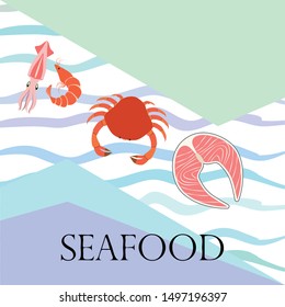 Fish, shrimp, crab, squid.Vector seafood. Food and restaurant design.