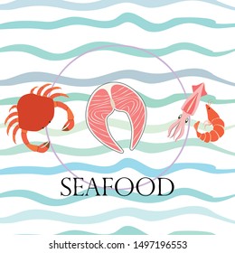 Fish, shrimp, crab, squid.Vector seafood. Food and restaurant design.