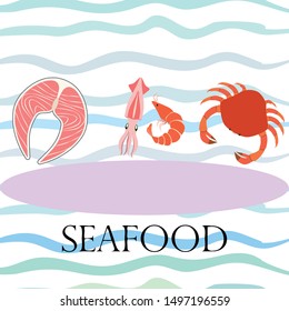 Fish, shrimp, crab, squid.Vector seafood. Food and restaurant design.
