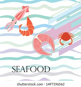 Fish, shrimp, crab, squid.Vector seafood. Food and restaurant design.