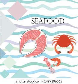 Fish, shrimp, crab, squid.Vector seafood. Food and restaurant design.