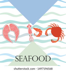 Fish, shrimp, crab, squid.Vector seafood. Food and restaurant design.