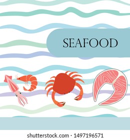 Fish, shrimp, crab, squid.Vector seafood. Food and restaurant design.