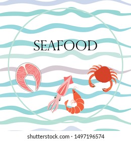 Fish, shrimp, crab, squid.Vector seafood. Food and restaurant design.