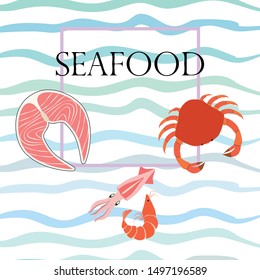 Fish, shrimp, crab, squid.Vector seafood. Food and restaurant design.