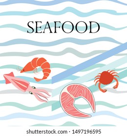 Fish, shrimp, crab, squid.Vector seafood. Food and restaurant design.