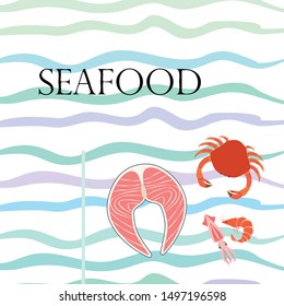 Fish, shrimp, crab, squid.Vector seafood. Food and restaurant design.