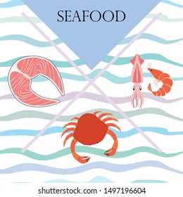 Fish, shrimp, crab, squid.Vector seafood. Food and restaurant design.