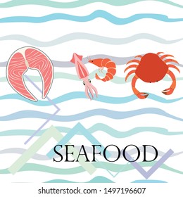 Fish, shrimp, crab, squid.Vector seafood. Food and restaurant design.