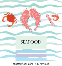 Fish, shrimp, crab, squid.Vector seafood. Food and restaurant design.
