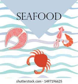 Fish, shrimp, crab, squid.Vector seafood. Food and restaurant design.