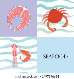 Fish, shrimp, crab, squid.Vector seafood. Food and restaurant design.