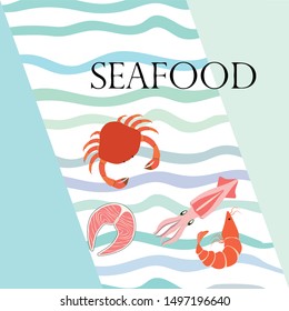 Fish, shrimp, crab, squid.Vector seafood. Food and restaurant design.