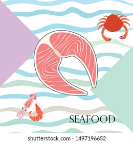 Fish, shrimp, crab, squid.Vector seafood. Food and restaurant design.