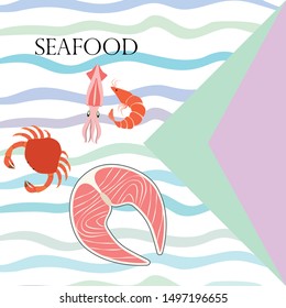 Fish, shrimp, crab, squid.Vector seafood. Food and restaurant design.