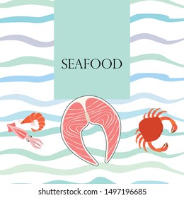 Fish, shrimp, crab, squid.Vector seafood. Food and restaurant design.