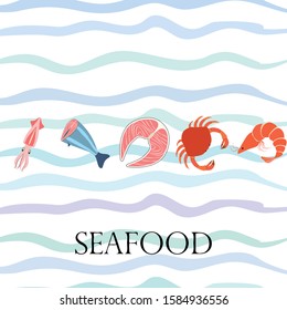 Fish, shrimp, crab, squid.Vector seafood. Food and restaurant design.