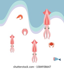 Fish, shrimp, crab, squid.Vector seafood. Food and restaurant design.