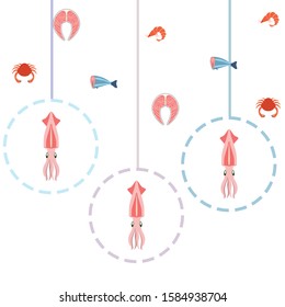 Fish, shrimp, crab, squid.Vector seafood. Food and restaurant design.