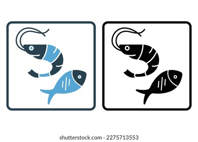 Fish and shrimp icon illustration. icon related to seafood. Solid icon style. Simple vector design editable