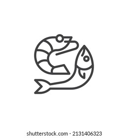 Fish and shrimp line icon. linear style sign for mobile concept and web design. Seafood products outline vector icon. Symbol, logo illustration. Vector graphics