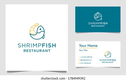 Fish with Shrimp linear style logo design vector with business card