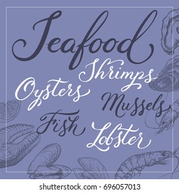 Fish, shrimp, oyster and mussels template with brush calligraphy. Great for markets, grocery stores, organic shops, food label design.