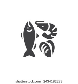 Fish shrimp and oyster vector icon. filled flat sign for mobile concept and web design. Seafood department glyph icon. Symbol, logo illustration. Vector graphics