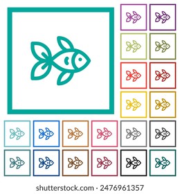 Fish side view outline flat color icons with quadrant frames on white background