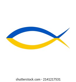 Fish sign, Christian art symbol. Fish of Jesus with the colors of the Ukrainian flag. Stop war. Vector illustration