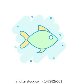 Fish sign icon in comic style. Goldfish vector cartoon illustration on white isolated background. Seafood business concept splash effect.