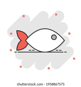 Fish sign icon in comic style. Goldfish vector cartoon illustration on white isolated background. Seafood business concept splash effect.